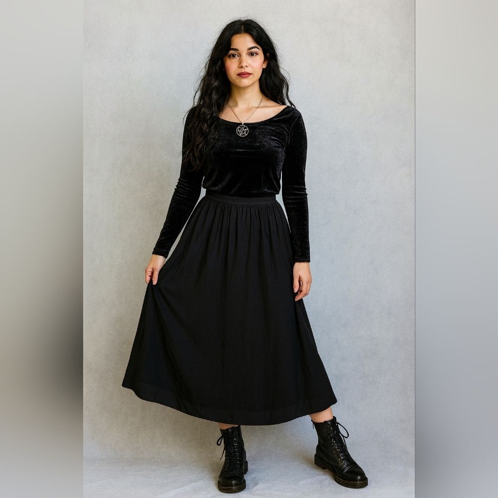 Black Front Pleat Fit Flair Skirt S Below Knee Modest Zip Back Maxi Midi Whimsig